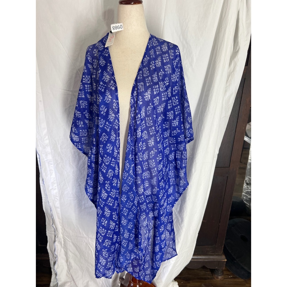 Raj Blue White Geometric Print Sheer Rayon Kimono Wrap Cardigan One Size NWT